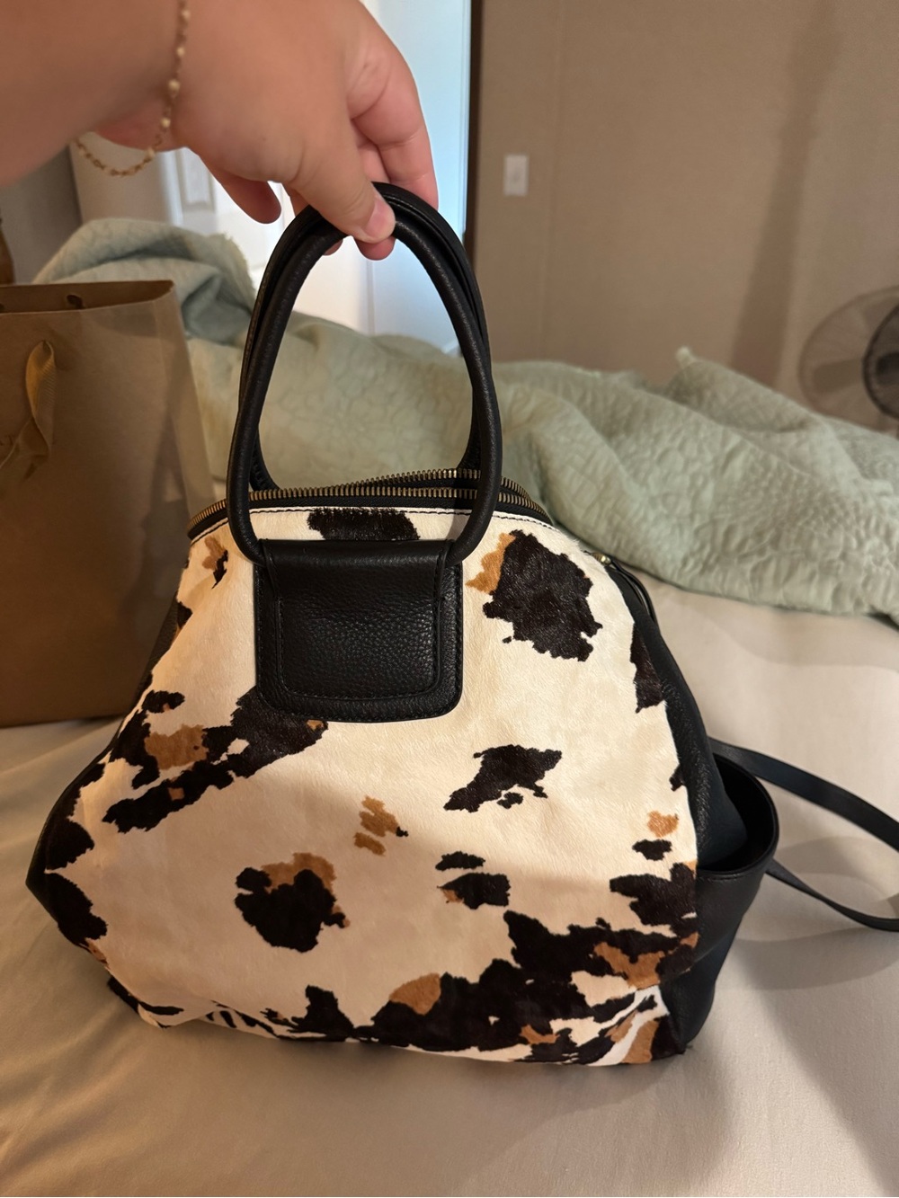 HOBO Sheila large satchel. Cow Print Satchel in Black, White & Tan